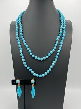 Rare 60" Vintage Miriam Haskell 1960s Turquoise Glass Bead Necklace and Earring